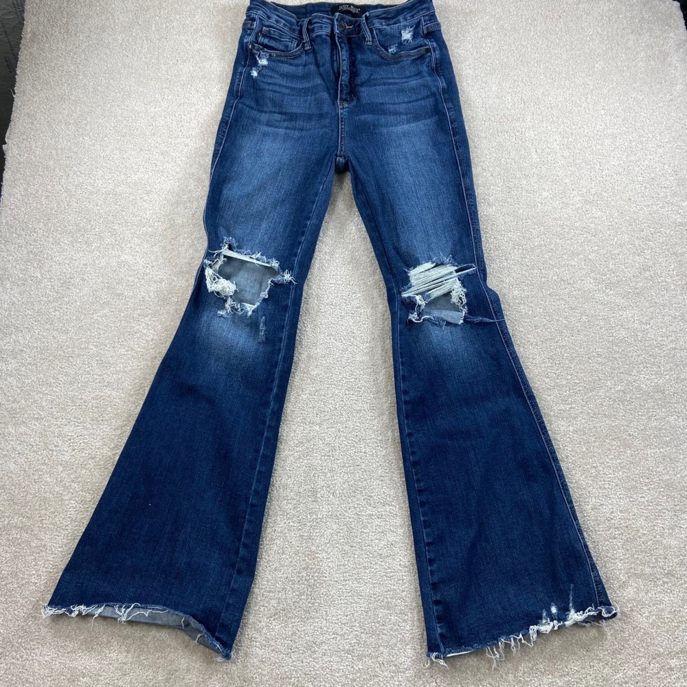 Judy Blue Flare Jeans Womens 9/29 Dark Wash Distressed Raw Hem JB88739